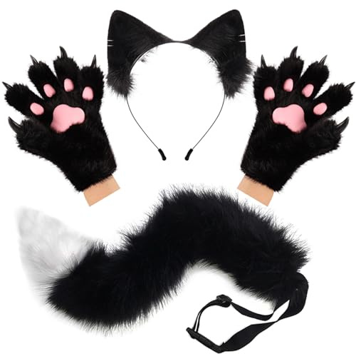 hbbhml Flauschige Ohren Schwanz und Katzenpfoten Handschuhe Set Kostümzubehör für Halloween Weihnachten Karneval und Partys