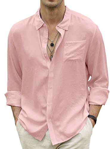 CTU Camicia in lino da uomo, a maniche lunghe, per il tempo libero, per l'estate, Colore: rosa., XXL
