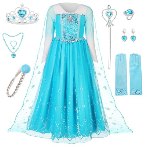 Pollen Elsa Mädchen Prinzessin Kostüm, Prinzessin Kleid Elsa Kinder Kleid 8-teiliges Set mit Krone Diadem Handschuhe Zauberstab usw für Hochzeit Cosplay Karneval Hochzeit Geburtstagsfeier-140
