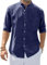 siliteelon Men's Shirts Grandad Collar Long Sleeve Navy Blue Linen Shirts Regular Fit Casual Summer Beach Shirt with Pocket,Large