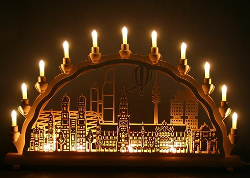 Schlick & Türk Schwibbogen München - Stadtmotiv - 68cm, 11 Kerzen + Vorbeleuchtung - Feine Handarbeit aus dem Erzgebirge - Weihnachten erzgebirgischer Lichterbogen