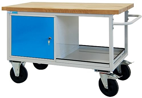 PROREGAL Mobile Werkbank Rhino mit Ablagefach + 1 Tür | HxBxT 83x130x60cm | Traglast 500kg | Lichtgrau/Lichtblau | Werkstatttisch Werktisch Packtisch Arbeitstisch