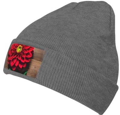 Hochwertige Strickmütze mit Holzbrett, Retro-Blume, rote Dahlie, stilvolle Unisex-Mütze für den Winter, erleben Sie ultimative Wärme und Stil, Holzbrett Retro Blume Red Dahlia, Einheitsgröße