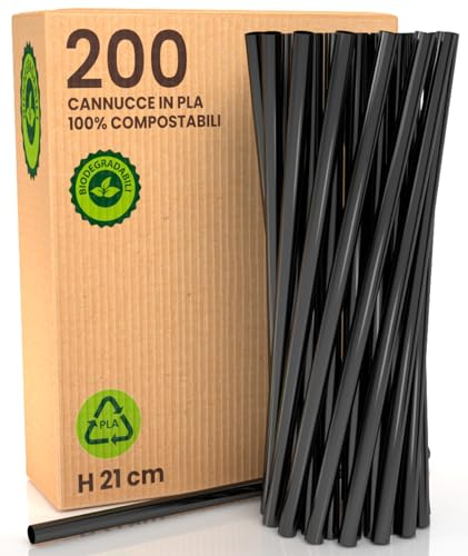 200 Pailles Rigides en Bioplastique 100% Réutilisables et Écologiques - 21cm x 6mm, Biodégradables et Compostables, Made in Italy - Idéales pour Boissons, Cocktails, Événements, Fêtes - Couleur Noire