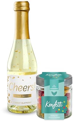 2er-Set Gold Secco Cheers! und Fruchtgummi Konfetti 120g | Sekt | Schaumwein | Gold-Sekt | Blattgold | Party | Geschenk | Silvester | Perfekt für festliche Anlässe | Exklusive Geschenkidee