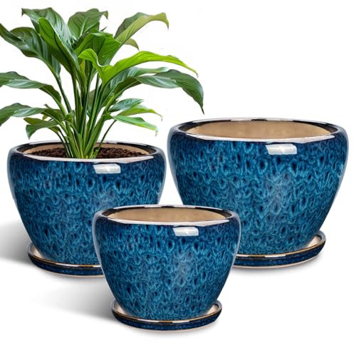 EPFamily Lot de 3 pots de fleurs d'intérieur en céramique avec trous de drainage et soucoupes, bleu
