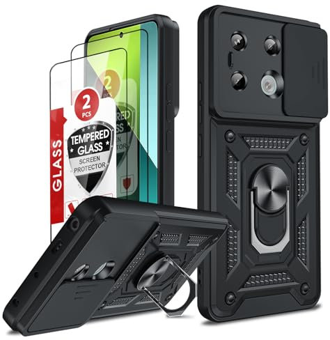 LeYi Cover per Redmi Note 13 Pro 5G (Non per 4G)/Xiaomi Poco X6 5G con Vetro Temperato, Custodia con Protezione Fotocamera [Slidable] Antiurto con Anello Supporto TPU Bumper Antiurto Case, Nero