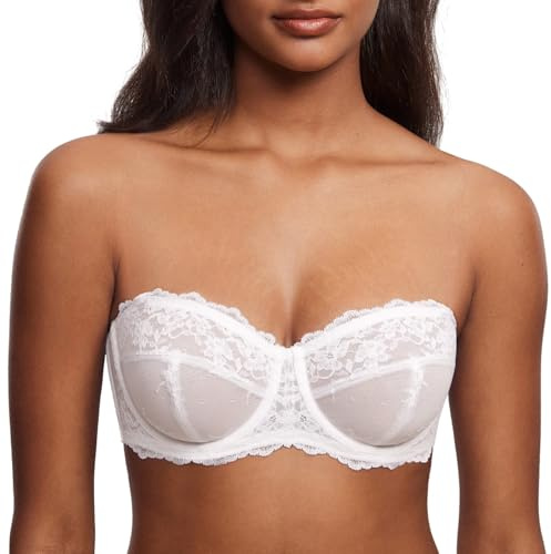 DOBREVA Women's Lace Strapless Bra Sheer Unlined | Underwire, Floral Lace, Sexy, See Through, Convertible, Plus Size