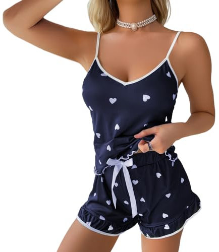 Satohom Womens 2pcs Pyjamas Sets Ice Silk Satin Loungewear Love Printed Sexy Adjustable Spaghetti Straps Cami Short Sleeve Shirt Sleepwear Ladies Summer Suspender Home Clothes Set Soft Pjs Navy Blue