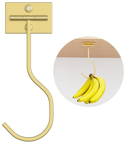 Adhesive Banana Hook Under Cabinet, Under Counter Banana Hanger, Gold | Foldable Banana Hanger, Metal Banana Holder, Hold 20 Bananas, Space-Saving Design, Folding with Magnets When Not in Use