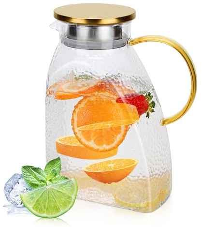 Aoreun 1.8 l Carafe à eau en verre avec couvercle, carafe en verre avec couvercle en acier inoxydable, carafe de porte de réfrigérateur étanche pour Boissons Chaudes ou Froides, jus, boisson