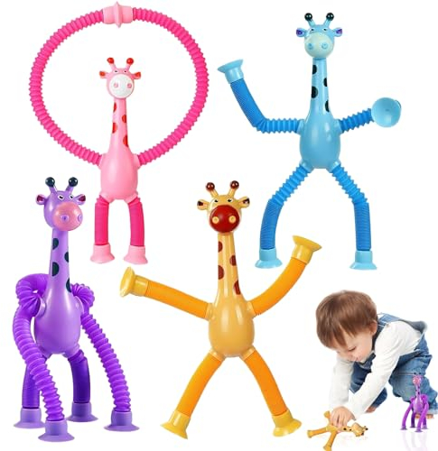 4 Piezas Juguete Sensorial de Jirafa Juguete de Jirafa Telescópico Juguete Telescópico con Ventosa Juguete de Estrés Jirafa Juguete Sensorial de Jirafa Educativos Regalos para Niños