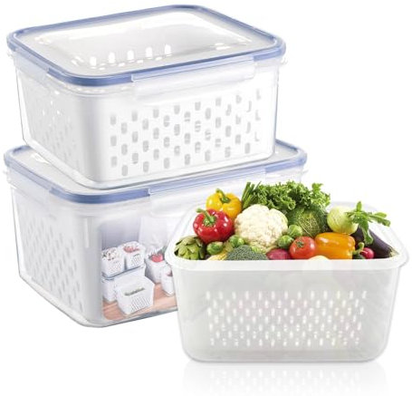duisoad 2 Pièces Boîte Rangement Frigo, Boîtes de Conservation Alimentaire Rangement Frigo Boite Avec Passoire Amovible pour le Stockage des Légumes et des Fruits