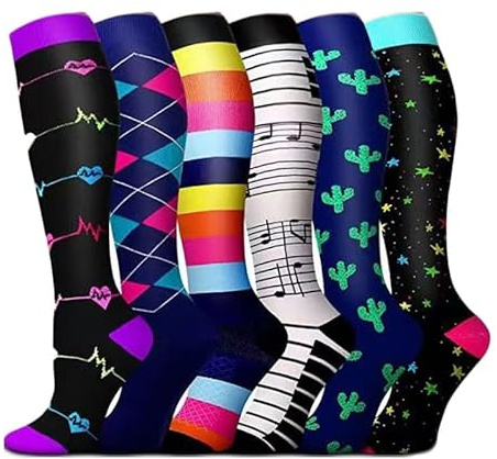 Yolhloy Chaussettes de Compression pour Femme et Homme, Chaussettes Hautes Montantes Fantaisie Couleurs, 6 Paires Bas de Contention pour Sport, Course à pied, Cyclisme, Voyage en Avion