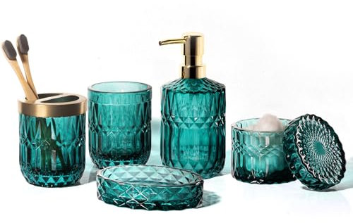 EMPO 6-teiliges Badezimmer-Zubehör-Set aus klarem Glas (Lotion-Seifenspender, Seifenschale, Zahnbürstenhalter, Becher, Wattestäbchen-Glas), Moderne Dekoration, Kristall-Vintage-Geschenk (Ozeanente)