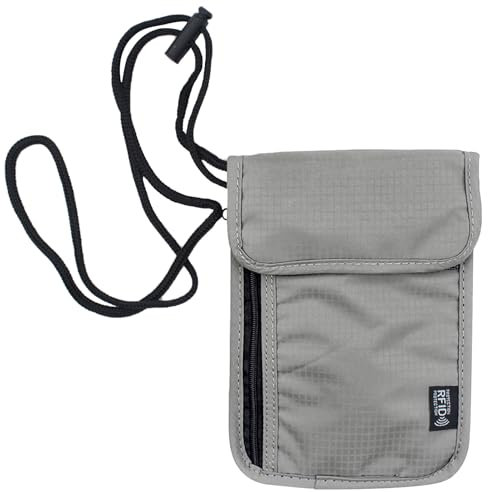 Portadocumenti da Collo,Portadocumenti da Viaggio con Blocco RFID,Porta Soldi da Viaggio Borsello Porta Cellulare,Porta Passaporto da Viaggio con Tracolla Regolabile per Carte di Credito-Grigio