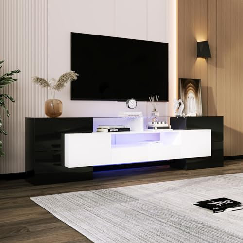 Zepneiy Meuble TV élégant, Panneau Bas Brillant, avec éclairage LED, Surface en Verre au Design Moderne, Noir