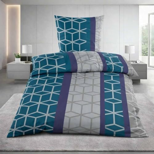 Microfaser Fleece Bettwäsche 135x200 cm Blau Grau geometrisch gemustert