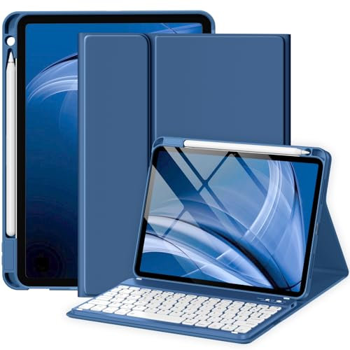 drivego Case with Keyboard for iPad Air 11 Inch (M3 2025/M2 2024), Detachable Keyboard Case for iPad Air 4th 5th generation 10.9 Inch Wireless Pencil Charging, Anti-fall Keycaps, UK Layout, NavyBlue