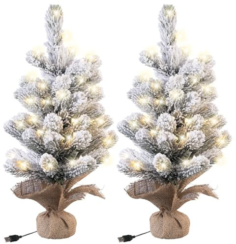 infactory LED Deko-Tanneäbaume: 2er-Set Deko-Weihnachtsbaum mit Schnee, 50 LEDs, 56 cm, USB-Betrieb (Mini-Weihnachtsbäume mit USB, LED Fensterdekos)