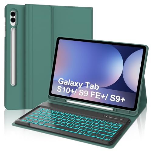 Occtingkind Hülle mit Tastatur für Samsung Galaxy Tab S10+Plus 12,4 QWERTZ | Mit 7-Farben Beleuchtung - Langer Akkulaufzeit, Zuverlässiger, Für Optimale Nutzung, Für Galaxy Tab S10+ Hülle Dunkelgrün