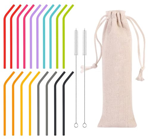 18 Pcs Silicone Straws, Reusable Colorful Straws Bend Drinking Straws with 2 Cleaning Brushes Flexible Rubber Straw for Family Bars Cafes Restaurants Tea Beverage
