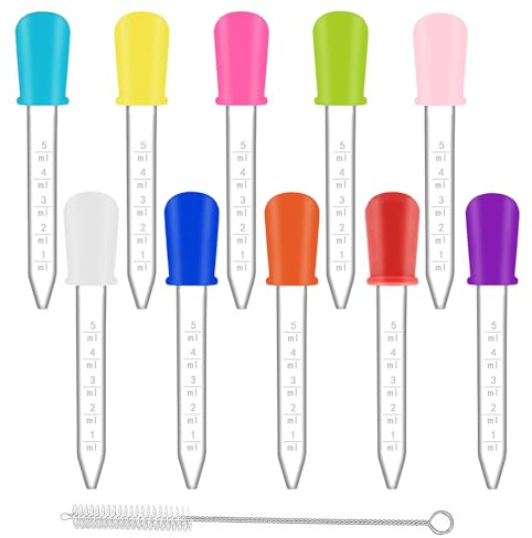 10 Pack Pipettes Dropper 5ml Clear eye dropper Silicone and Plastic Water Droppers with Bulb Tip and Clean Brush (10-multicolor)