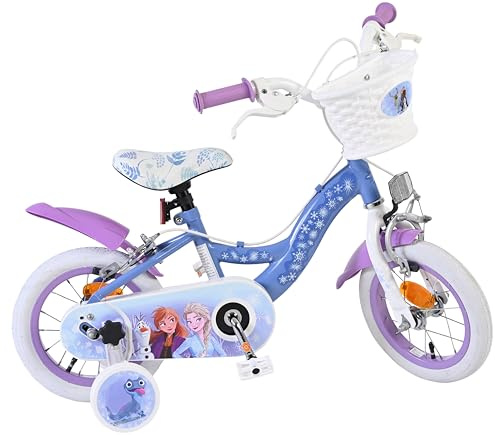 Volare Disney Frozen II Kids Blue Bike | Ideal for Ages 3-5 | 12 Inch Wheel | 2 Handbrakes (Front & Back Wheel), Removable Stabilisers, Chain Guard & Pedal Reflectors | Adjustable Saddle Height