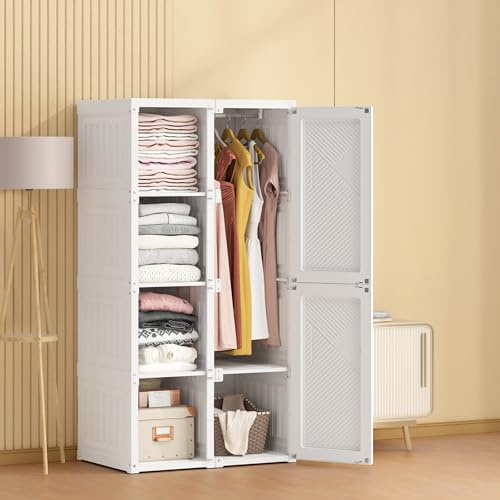 LONELYO Armoire Portable à Vêtements, Meuble de Rangement Blanc avec 6 Portes, 8 Compartiments, pour Chambre et Rangement