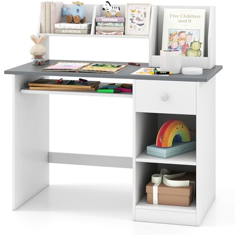 GYMAX Wooden Kids Desk, Children Study Table with Drawer, Tabletop Bookshelf, Keyboard Tray, Shelves & Hutch, White Computer Desk Student Writing Table for Home School Use (Grey+White)