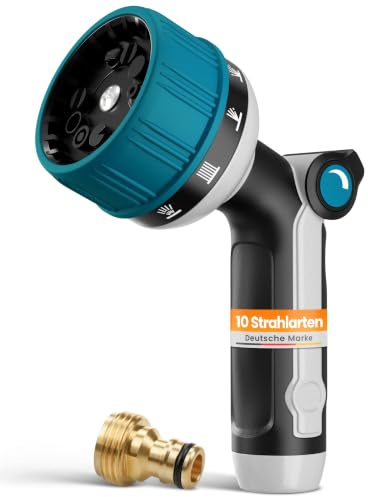 rainfactory Pistola irrigazione giardino - Pistola da giardino in metallo con 10 getti regolabili - Alta pressione con controllo a pollice - Lancia tubo acqua con adattatore in ottone multifunzione