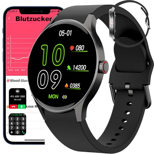 𝐁𝐥𝐮𝐭𝐳𝐮𝐜𝐤𝐞𝐫 Smartwatch Mit Bluetooth-Anrufe,𝐛𝐥𝐮𝐭𝐳𝐮𝐜𝐤𝐞𝐫𝐦𝐞𝐬𝐬𝐮𝐧𝐠𝐃𝐢𝐚𝐛𝐞𝐭𝐞𝐬 Smartwatch Fitness-Tracker,smartwatch blutdruckmessung ,Fitnessuhr Mit Pulsschlag (Schwarz)
