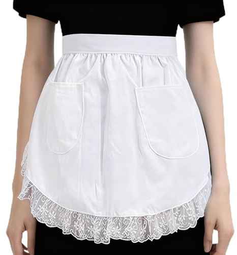 DUOYIJIN White Maid Apron with Lace Trim Cosplay Fancy Dress Waist Apron | Kitchen Cooking Cleaning Half Aprons for Women Maid Outfits Costume Accessories for Waitress Servant Bistro Coffee Shop
