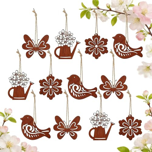 PIujsym Frühlingsdeko zum Aufhängen, 12er Set Deko Vögel Schmetterlinge Blumen Gießkannen, osterdeko Outdoor, Charmante Hängedeko für Ostern Garten und Fensterdeko
