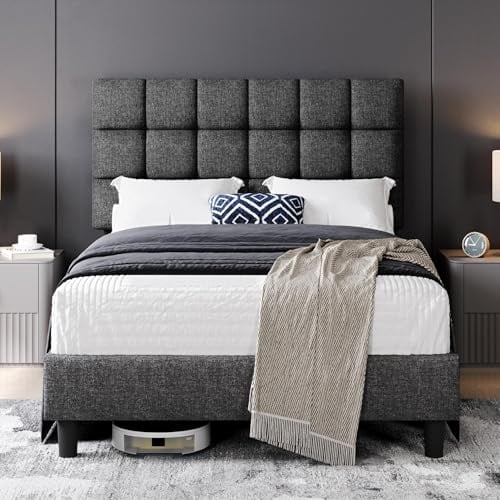 Yaheetech 4ft Small Double Bed Frame, Upholstered Headboard, Dark Grey | Premium linen‑fabric, square tufted & adjustable height headboard, solid slats, ideal for bedrooms, apartments and guestrooms