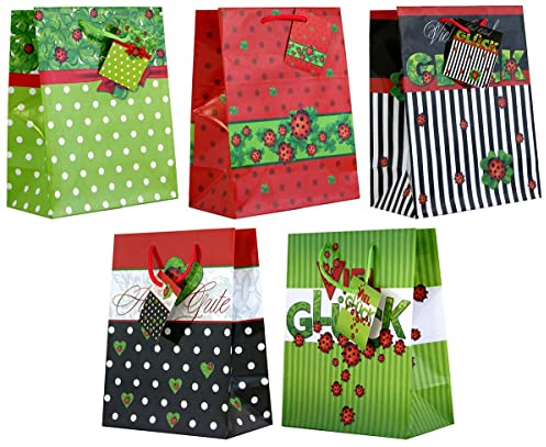 Luxtor - 10 Geschenktüten Alles Gute Glück Marienkäfer Medium 23 x 18 x 10 cm Geschenktaschen aus Lackpapier Papier-Tragetasche