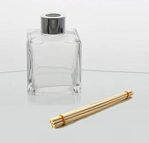 Fragrance Diffuser Air Freshener Empty Glass Square Diffuser Bottle with Shiny Silver Cap, Travel Plug and 8 Rattan Reeds (20cm long) Perfect for making your own home fragrance diffusers.