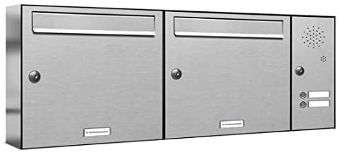 AL Briefkastensysteme 2er Briefkastenanlage mit Klingel, Edelstahl, Premium Doppel-Briefkasten DIN A4, 2 Fach Postkasten modern Aufputz