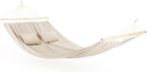 Outtec Hängematte mit 2 Kissen - 200x150 cm, bis 200kg, für 2 Personen - XXL Hammock für Outdoor, Garten, Balkon - für Kinder und Erwachsene (Beige)