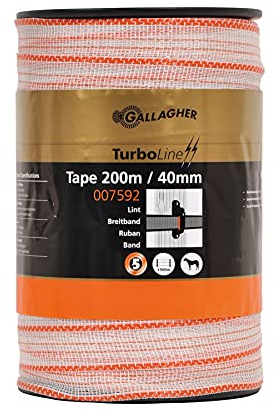 200 m/40 mm Gallagher Weidezaunband TurboLine (weiß) - Elektrozaun-Breitband - Geeignet für Pferde - Reißfestigkeit: kg - UV-stabil und lange Lebensdauer - Ausgezeichnete Sichtbarkeit