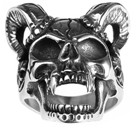 PAMTIER Herren Ziege Horn Schädel Ring Edelstahl Jahrgang Gothic Teufel Biker Band Größe 62 (19.7)