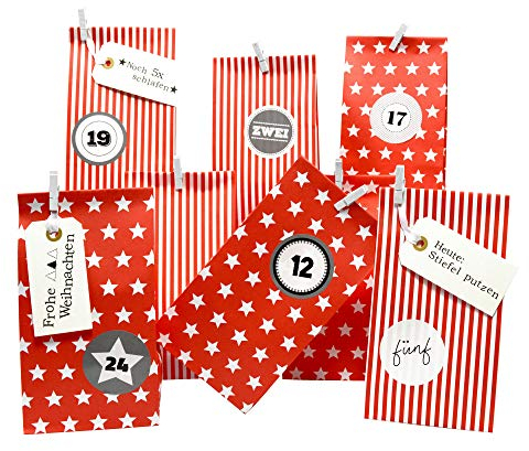Frau WunderVoll® DIY Adventskalender zum Befüllen Weihnachtszeit: Set 208, Blockbodenbeutel 12(L) x7(B) x24(H) cm rot Sterne und Streifen, Ziffern grau/Weihnachten, Papiertüten, Kinder, Aufkleber