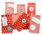 Frau WunderVoll® DIY Adventskalender zum Befüllen Weihnachtszeit: Set 208, Blockbodenbeutel 12(L) x7(B) x24(H) cm rot Sterne und Streifen, Ziffern grau/Weihnachten, Papiertüten, Kinder, Aufkleber