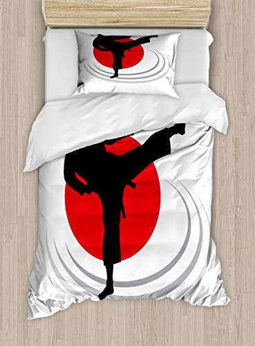 ABAKUHAUS Kung Fu Bettbezugs Set für Einzelbetten, Man Karate Kick Silhouette, Milbensicher Allergiker geeignet mit Kissenbezug, 130 x 200 cm, Schwarz
