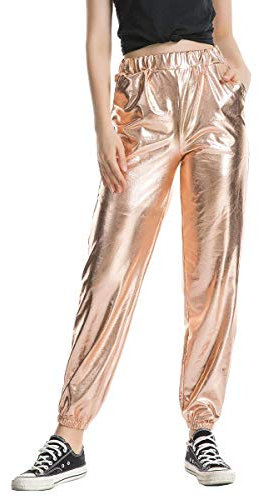 Damen Metallic Glänzed Hose Elastischer Bund Sporthose Locker Freizeit Casual Lang Hose Sweathose Jogginghose Leggins Einfarbig Wet Look Stretch Leggings Tanzhosen Party Disco Clubwear Rose Gold M