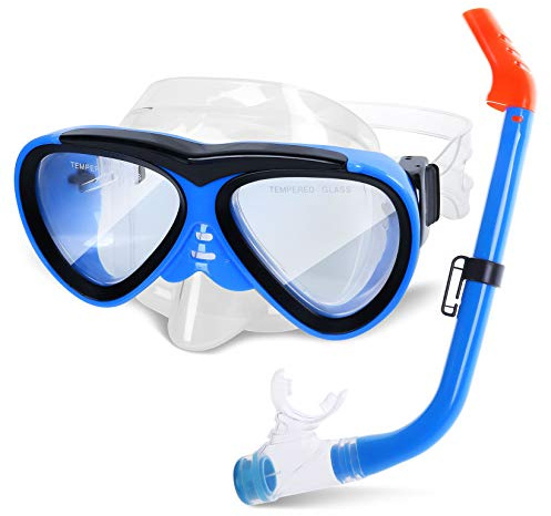 GreenLF Kids Snorkel Set, Anti-Fog Snorkeling Mask with Nose Covers for Youth Junior Child, Boys & Girls Age 5-12, Semi-Dry Diving Scuba Swimming Goggles Gear Packages