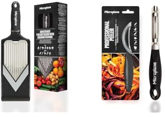 Microplane Verstellbarer Gemüsehobel mit V-Klinge und Julienneklingen-Einsatz mit Edelstahlklingen inkl. Fingerschutz & Profi-Schäler mit Doppelklinge in Edelstahl für Rechtshänder und Linkshänder
