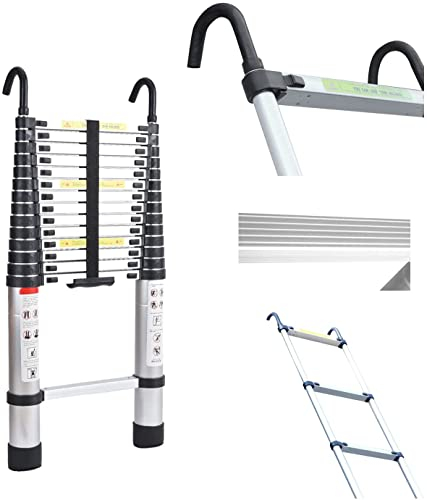 4,4m Mehrzweckleiter Teleskopleiter mit Abnehmbarem Haken Hochwertiges Aluminium Ausziehbare Klappleiter Anti-Rutsch für Hochklettern/Büro/Loft Haushaltsleiter 150kg Belastbarkeit