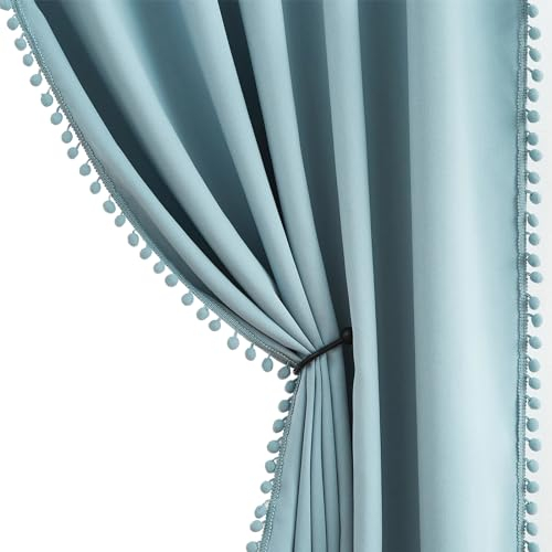 Treatmentex Blickdicht Vorhang mit Pompons Blau Vorhang mit Ösen Landhausstil Wärmeisoliert Thermovorhang Verdunkelungsvorhänge für Mädchenzimmer,Wohnzimmer,Schlafzimmer-2 Stück(Blau,140x225cm)