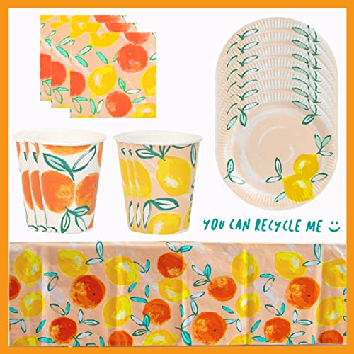 Décorations de fête d'été pour l'été ou l'anniversaire | Oranges & Citrons Agrumes | Comprend 20 x serviettes 16 x gobelets x 12 x assiettes, couverture de table en papier - 100% recyclable